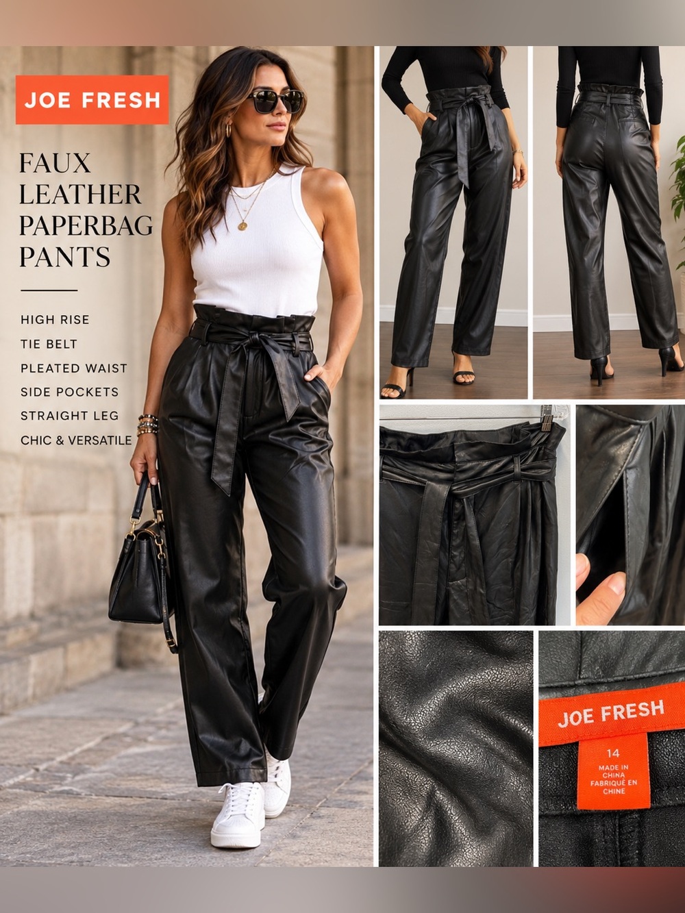 Joe Fresh Black Faux Leather Paperbag Waist Pants Belt Size 14